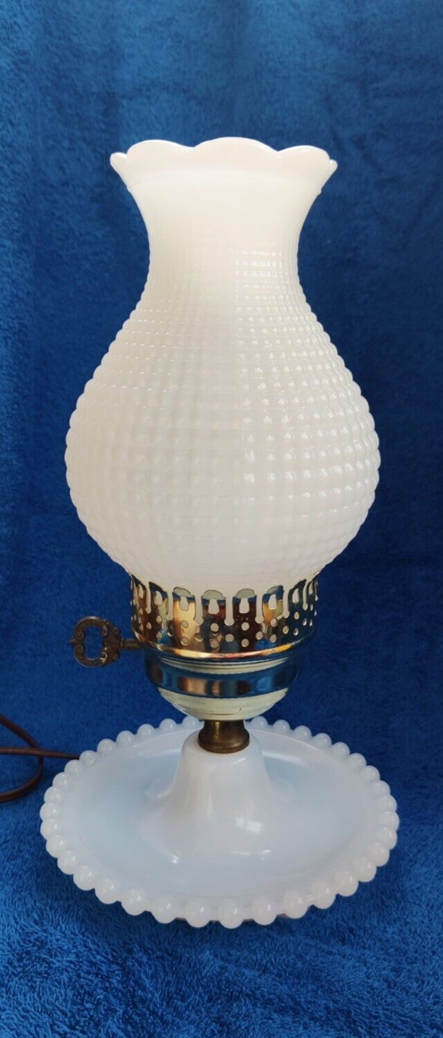 Vintage Hobnail White Milk Glass Hurricane Lamp Works Beaded Bedside Table Lamp