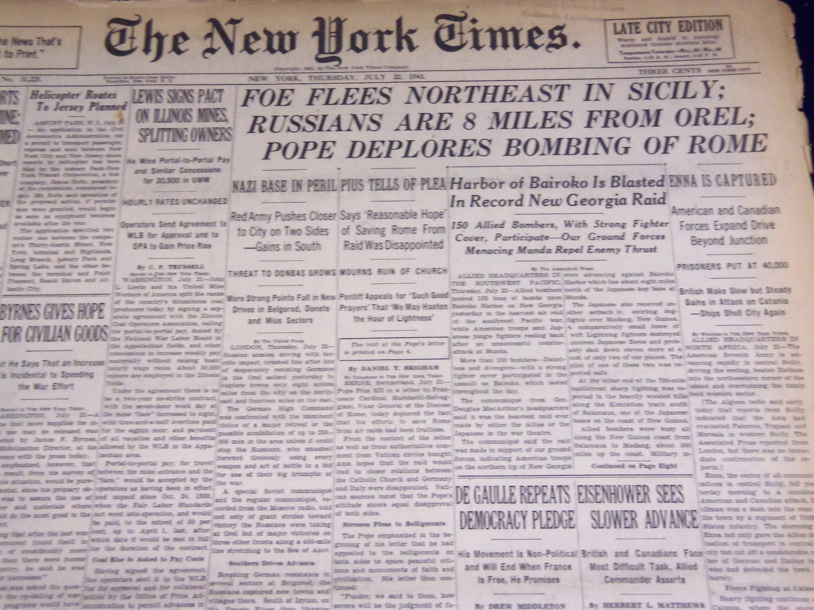 1943 JULY 22 NEW YORK TIMES - FOE FLEES NORTHEAST IN SICILY - NT 1887 1943 JULY 22 NEW YORK TIMES - FOE FLEES NORTHEAST IN SICILY - NT 1887