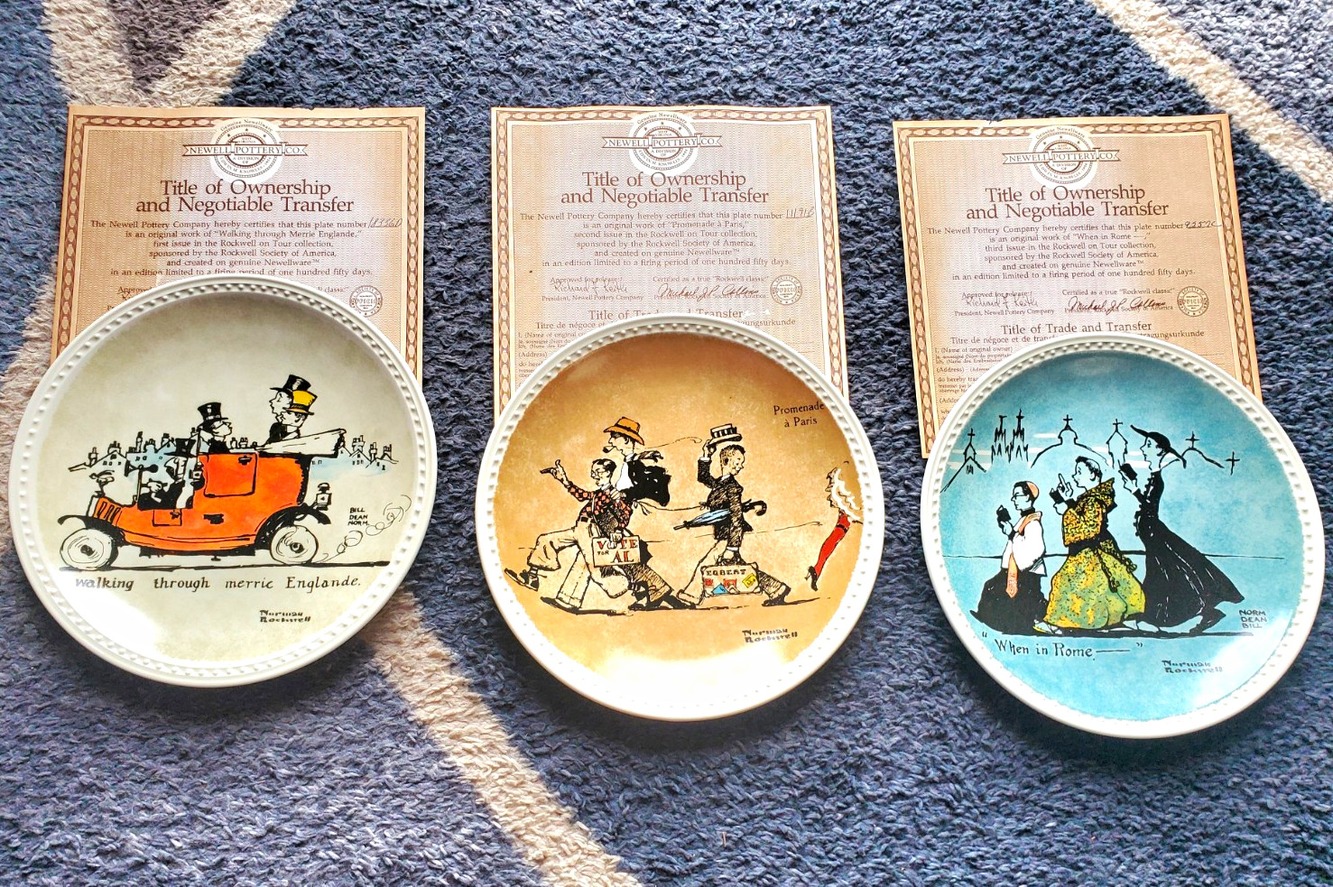 Norman Rockwell On Tour Plates Set Of 3 W/COA Rome, Paris Englande