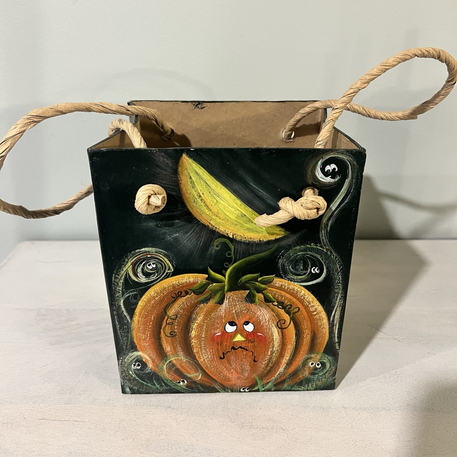 Halloween Bats Ghosts and Pumpkin Cardboard Hand Painted Box Folk Art Signed \'95 Halloween Bats Ghosts and Pumpkin Cardboard Hand Painted Box Folk Art Signed \'95
