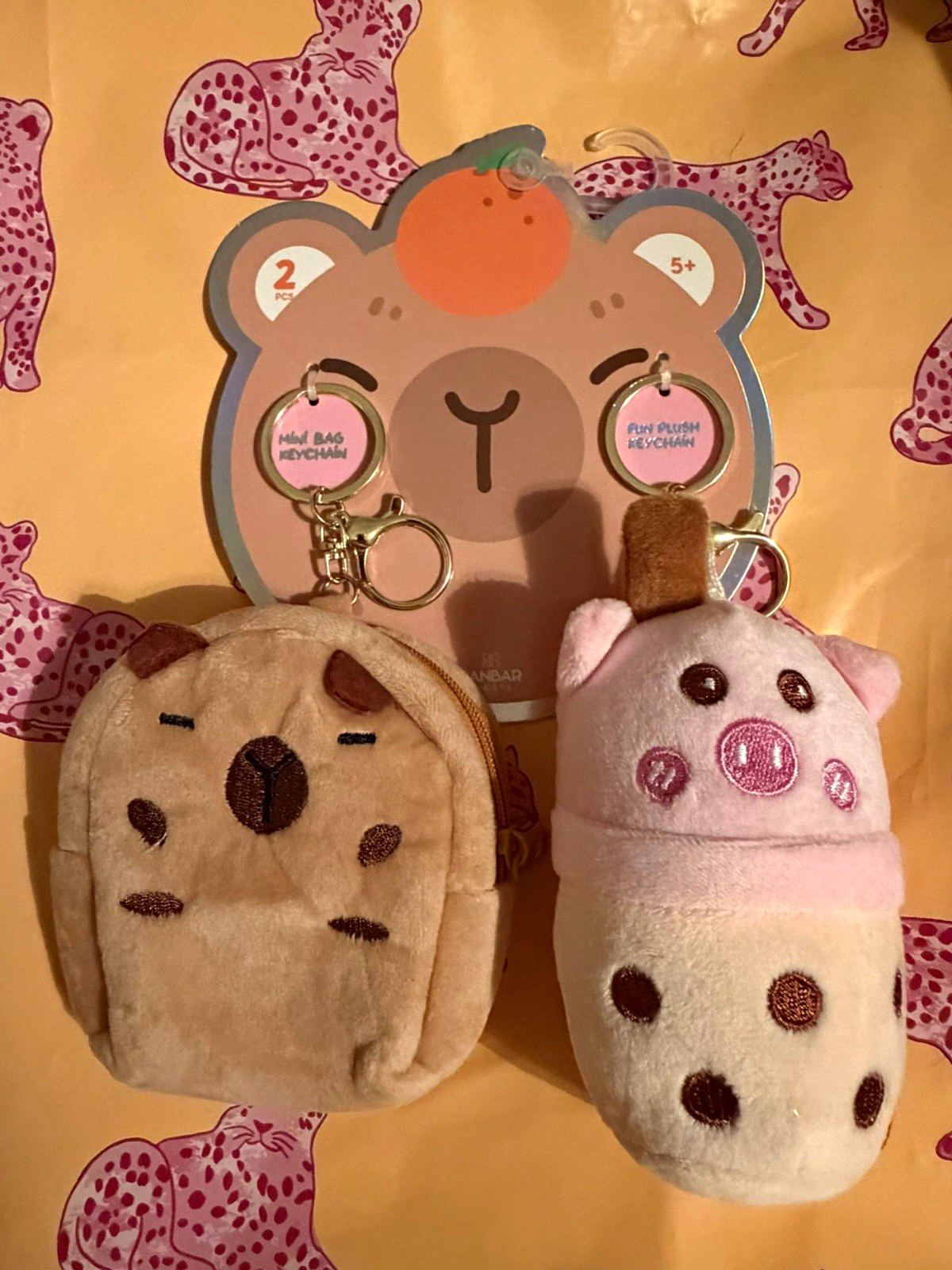 Danbar Animation Plush Clip-On Keychain Set w/ Mini Bag, 2pc, Multicolor