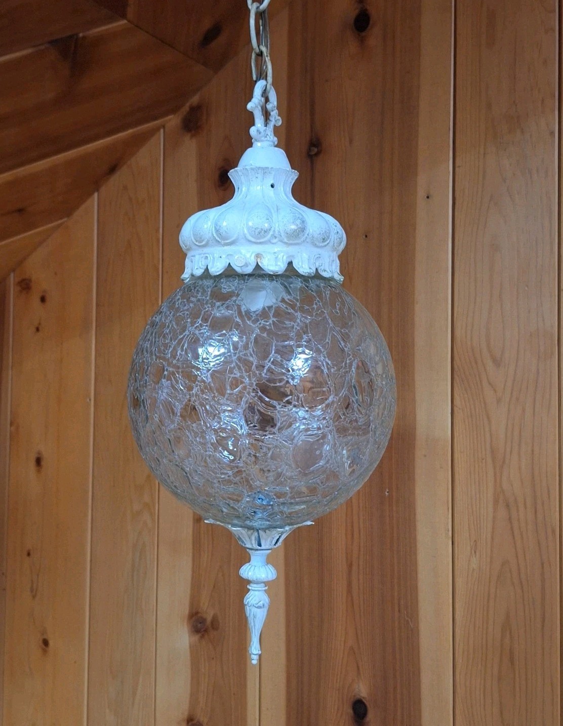 Vintage Clear Crackle Glass MCM Hollywood Regency Hanging Globe Swag Light
