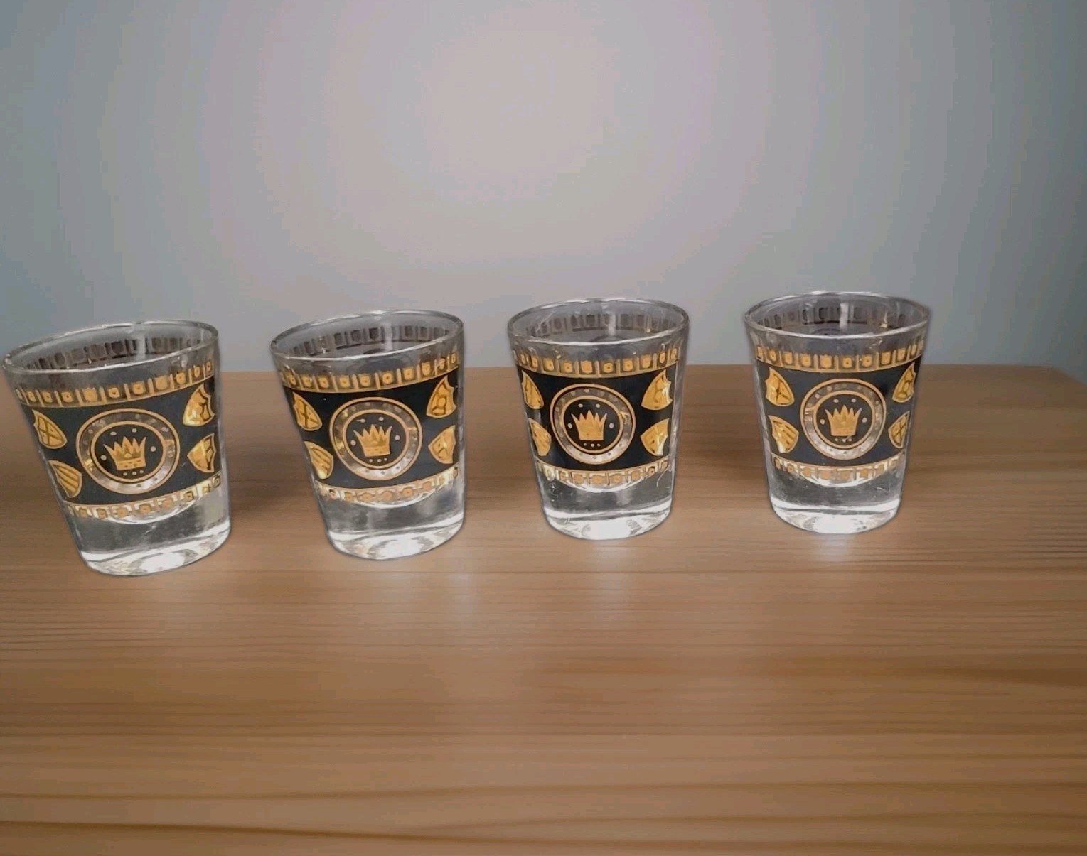 4 Shot Glasses GEORGES BRIARD MCM GOLD Black REGALIA CROWN & SHEILD Mcm
