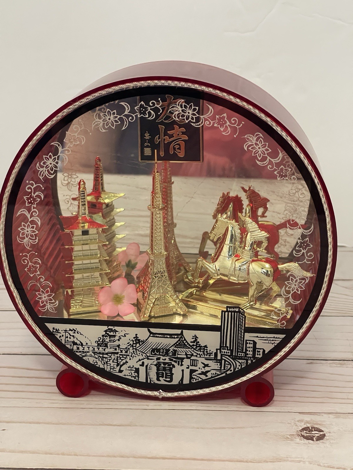 Vintage Japanese Diorama City Scene Mirror Background Red Sides Unbranded