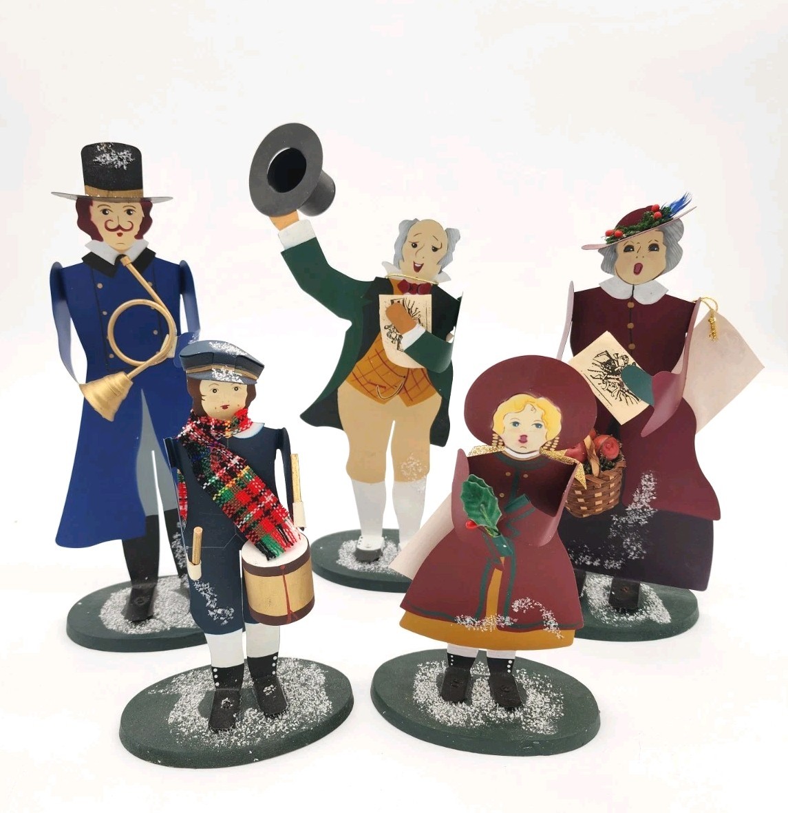 Vintage Edna Young Folk Art Lot Of 5 Christmas Carolers Tin Shadowdancers Set
