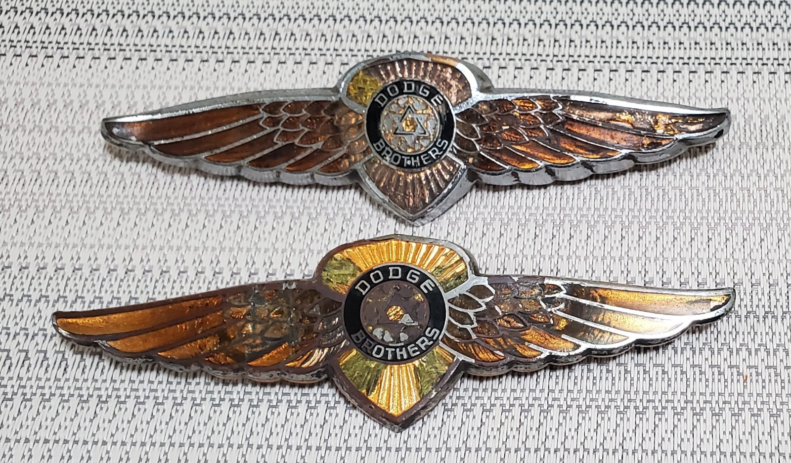 1930\'s Dodge Brothers Wings Enamel Badge Emblem, Orange, Enamel Damage Qty 2