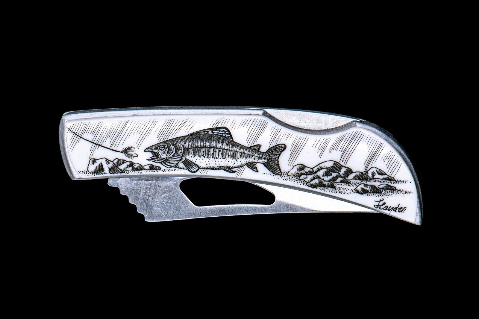 Etched Scrimshaw Trout Design Stainless Steel Silver Hawk Pocket Knife