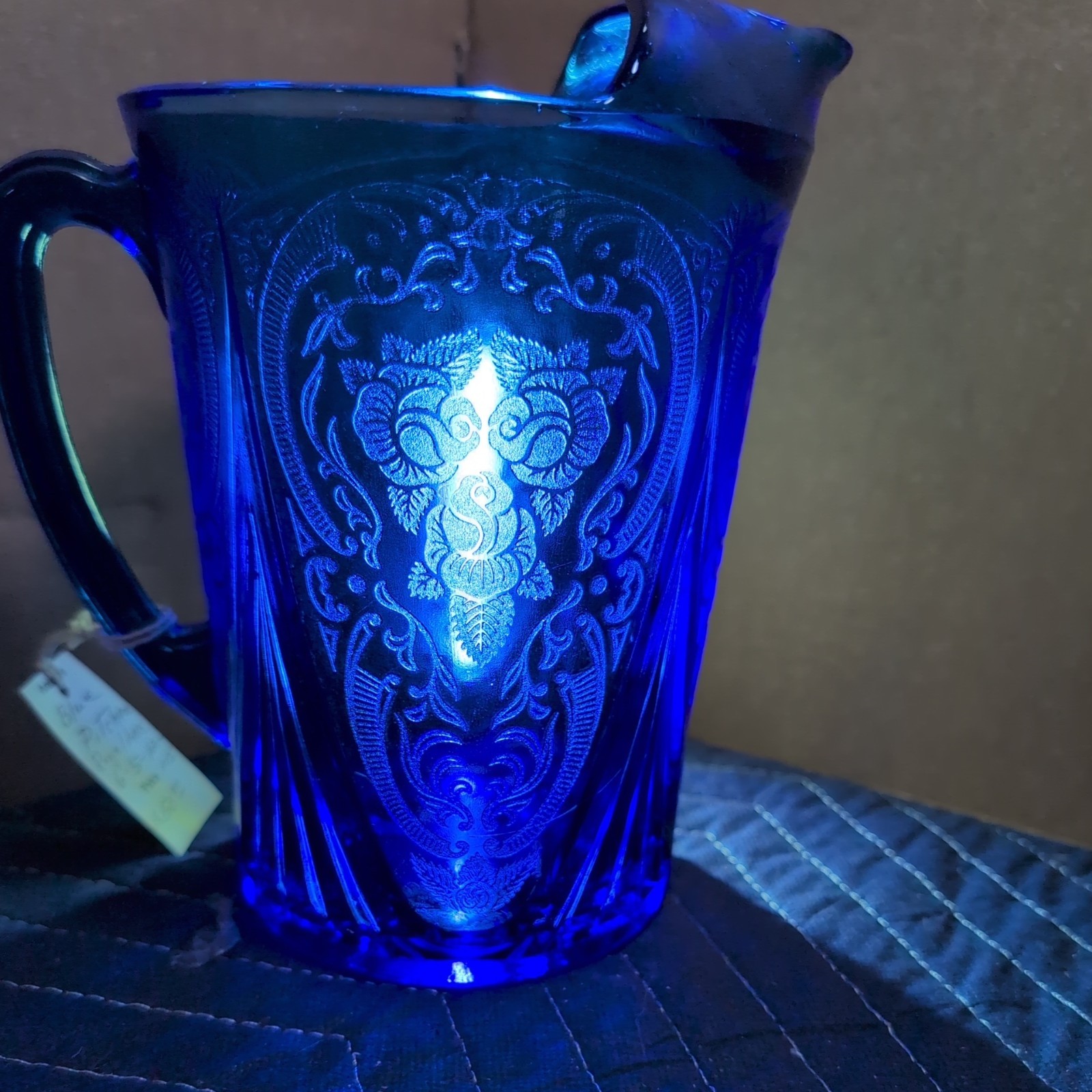 Hazel-Atlas Royal Lace Cobalt Blue Depression Glass Pitcher Vintage 1930s EUC 