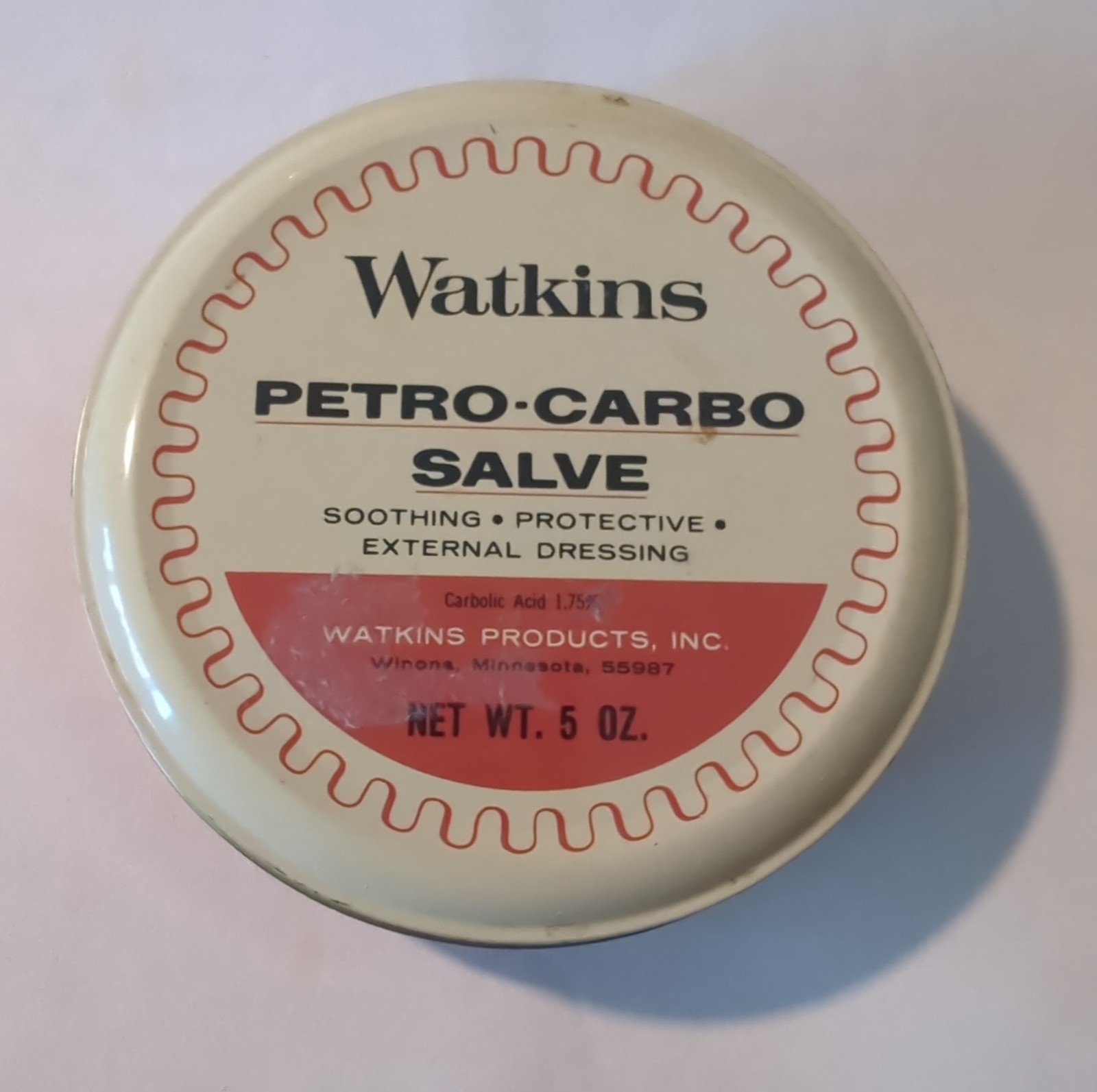 Vintage Watkins Petro-Carbo Salve Metal Tin 5 Oz Cut Burn Chaffing 80% Full