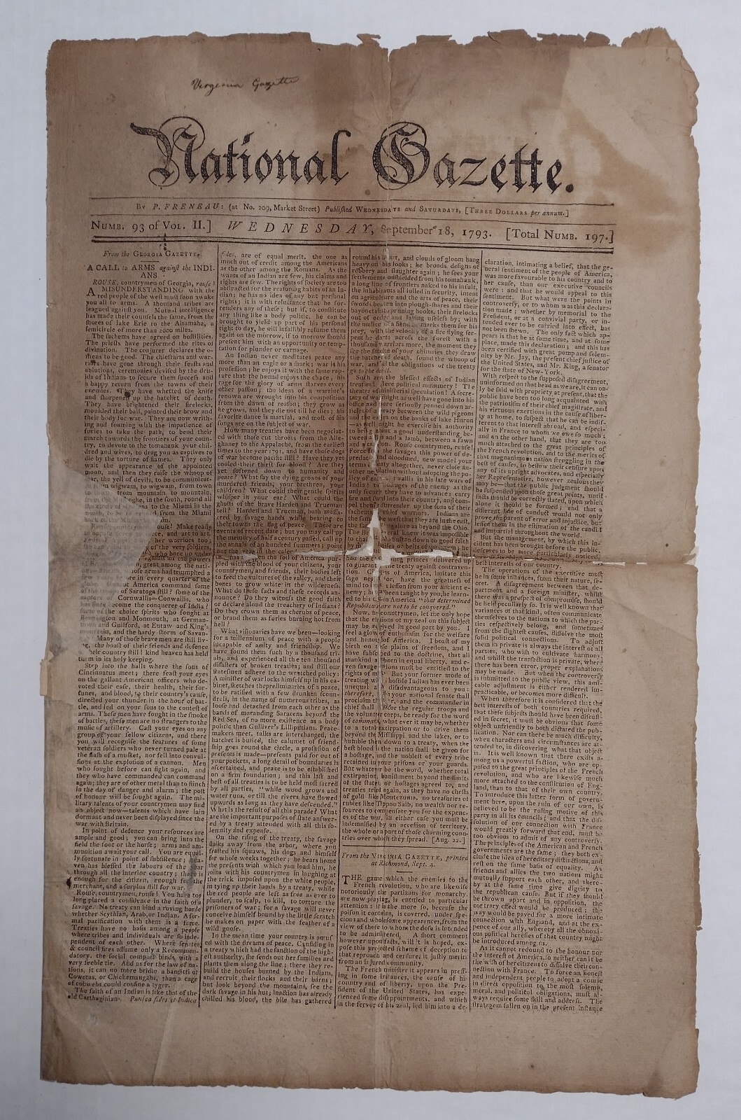 ULTRA RARE 1793 National Gazette Newspaper Philadelphia, PA Sept. 18, 1793