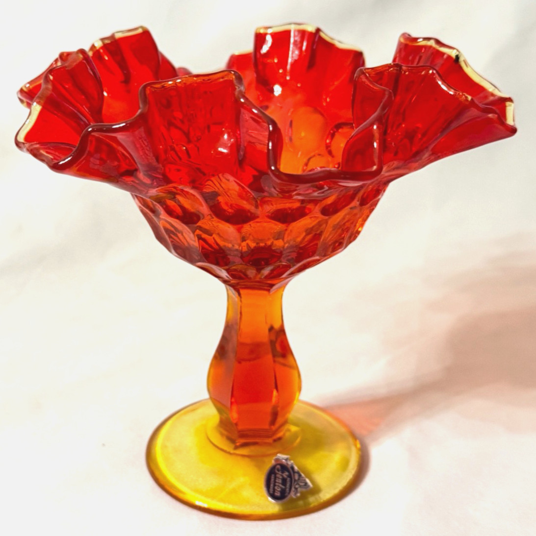 Vintage Fenton Amberina Hobnail Compote Crimped Rim UV Reactive Original Label Vintage Fenton Amberina Hobnail Compote Crimped Rim UV Reactive Original Label