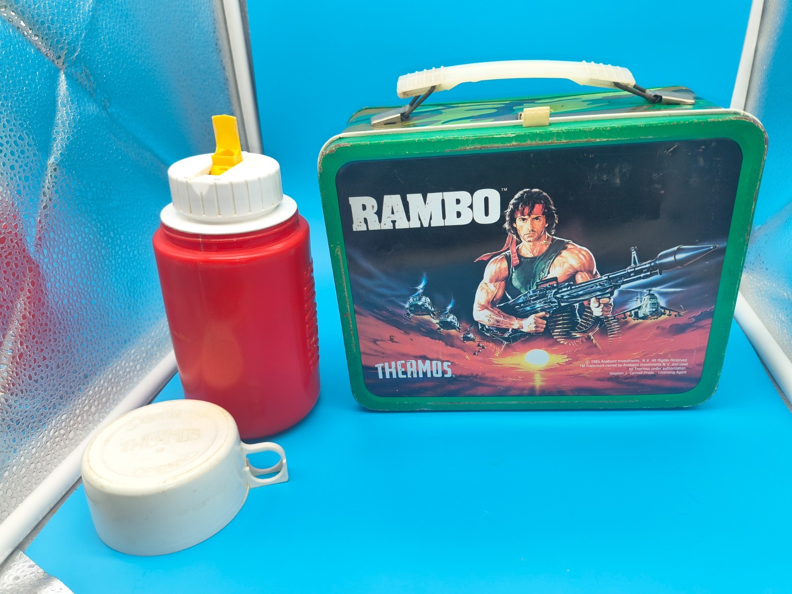 Vintage 1985 Thermos RAMBO Metal Lunch Box Sylvester Stallone Vintage 1985 Thermos RAMBO Metal Lunch Box Sylvester Stallone