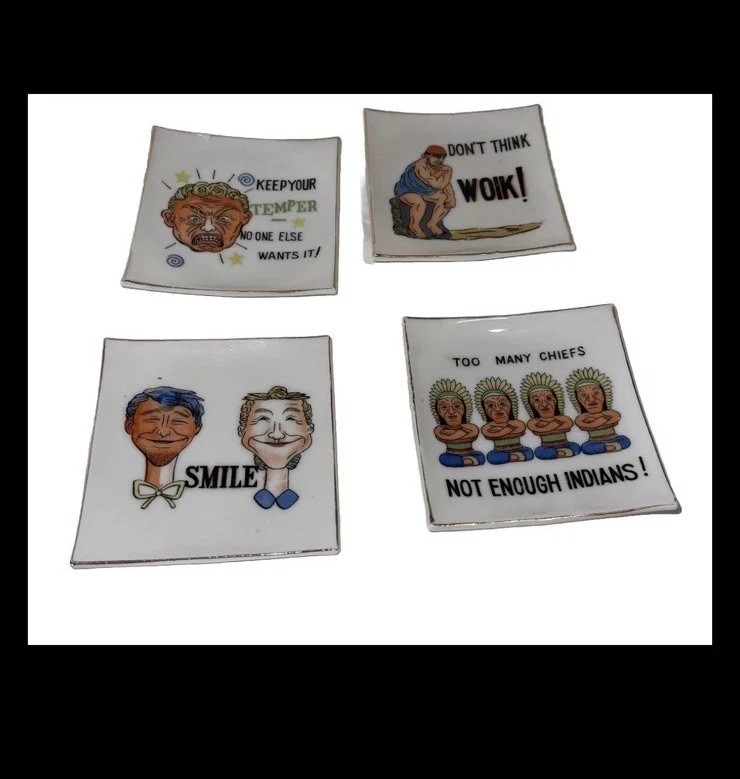 Vintage NOV CO Japan Ceramic Coasters Trinket Dishes - Smile, Don’t Think Woik