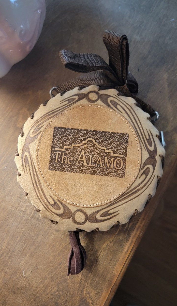 The Alamo Round Leather Covered Canteen Flask, Made in Mexico, Beige/Brown The Alamo Round Leather Covered Canteen Flask, Made in Mexico, Beige/Brown