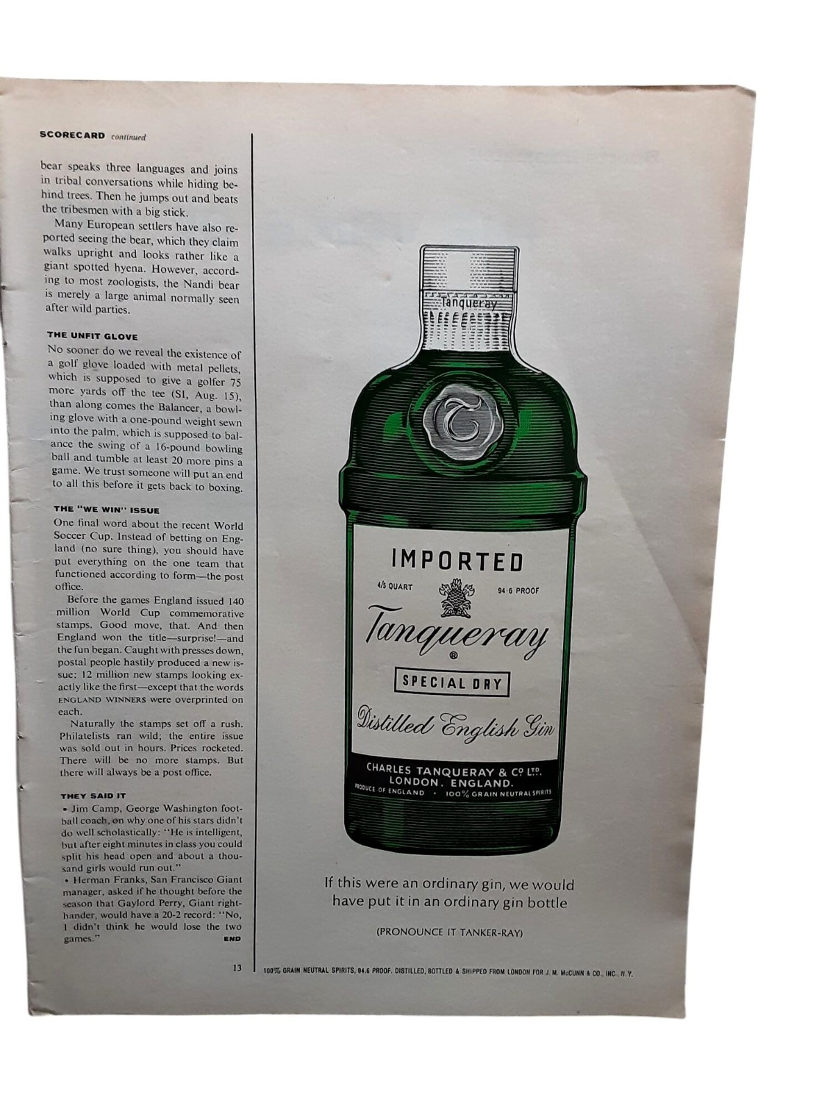 1966 Tanqueray Special Dry Gin Bottle Vintage Liquor Print Ad 1966 Tanqueray Special Dry Gin Bottle Vintage Liquor Print Ad