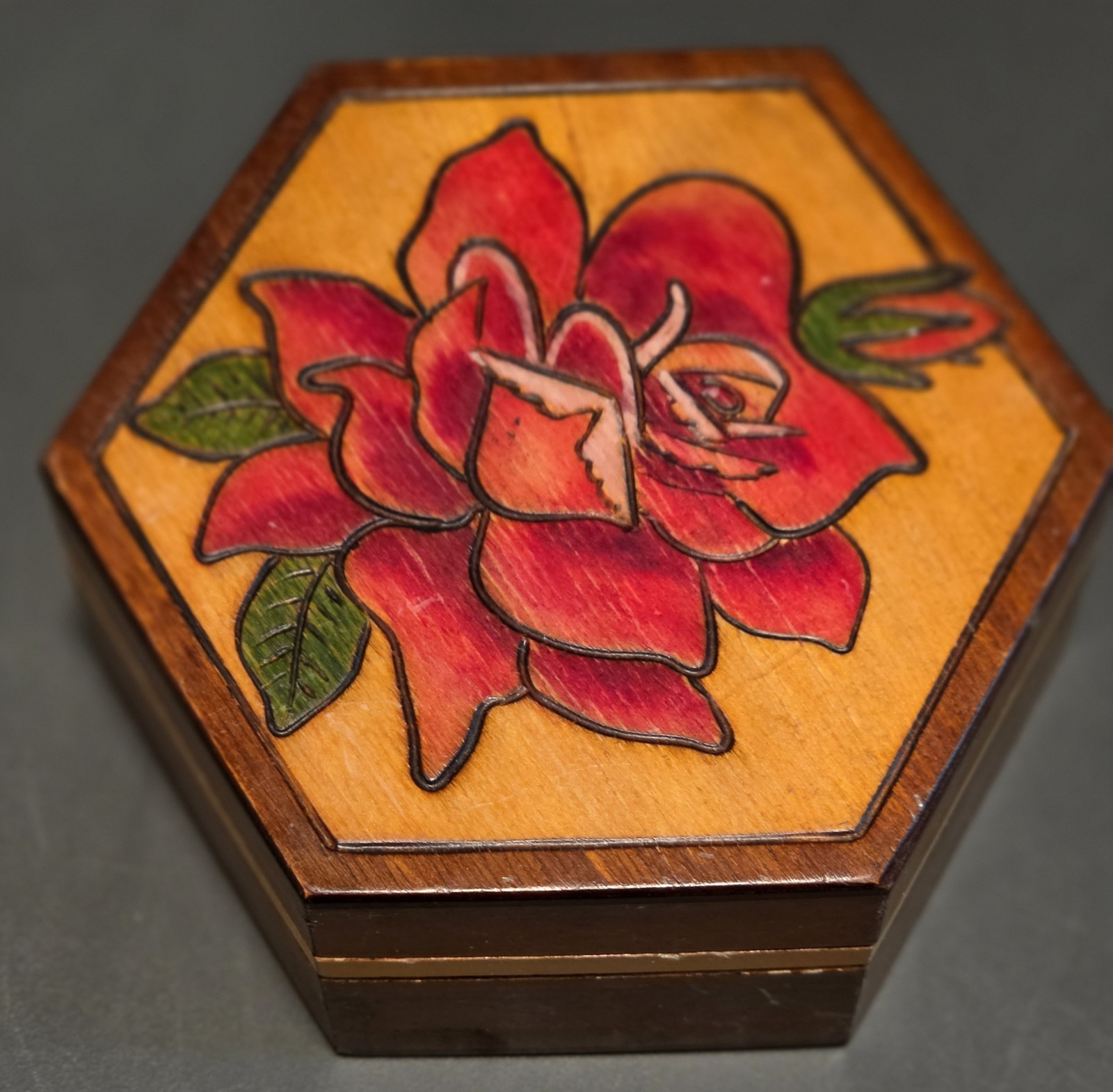 Vintage Hexagon Wooden Trinket Box Red Rose Folk Art Pyrography Velvet Lined 4x5 Vintage Hexagon Wooden Trinket Box Red Rose Folk Art Pyrography Velvet Lined 4x5