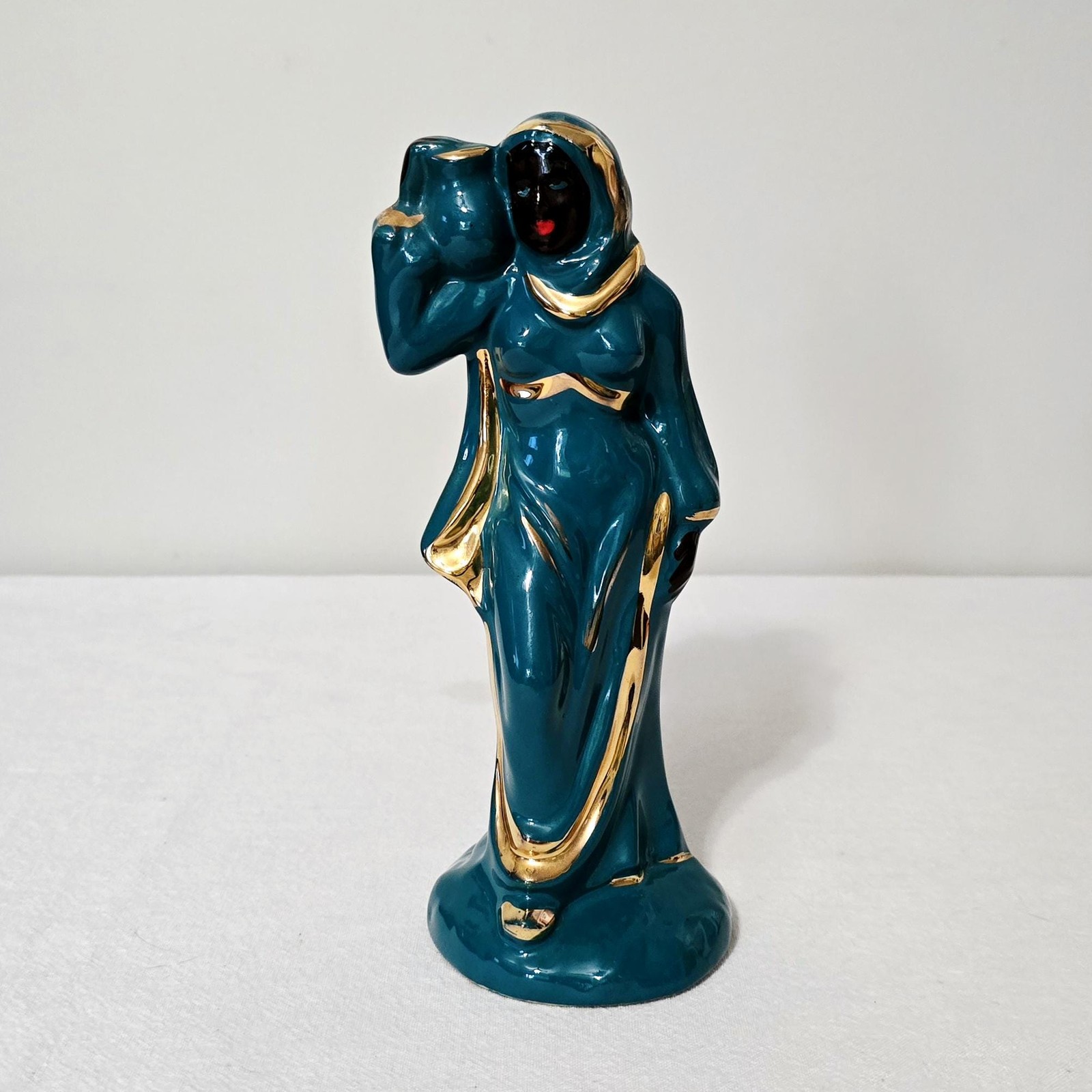 Vintage MCM Teal and Gold Ceramic Nubian Woman Statue, Mid Century Hollywood