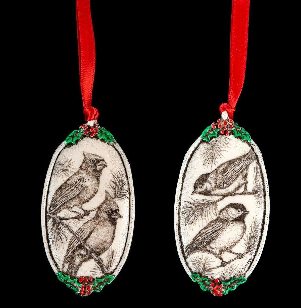 Double Sided Bird Ornament. Moosup Valley, Rachel Badeau,Etched, Cardinal, Robin