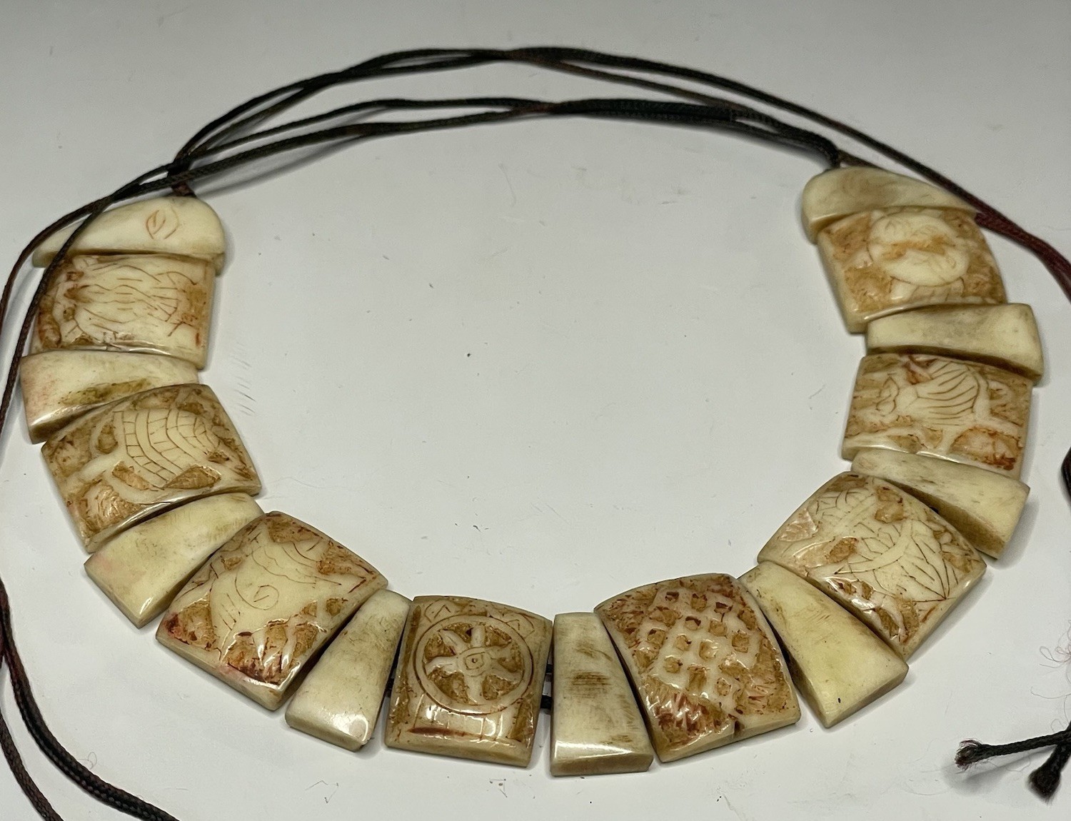 Vintage 20th C. Tibetan Buddhist Hand Carved Auspicious Symbol Necklace Jewelry