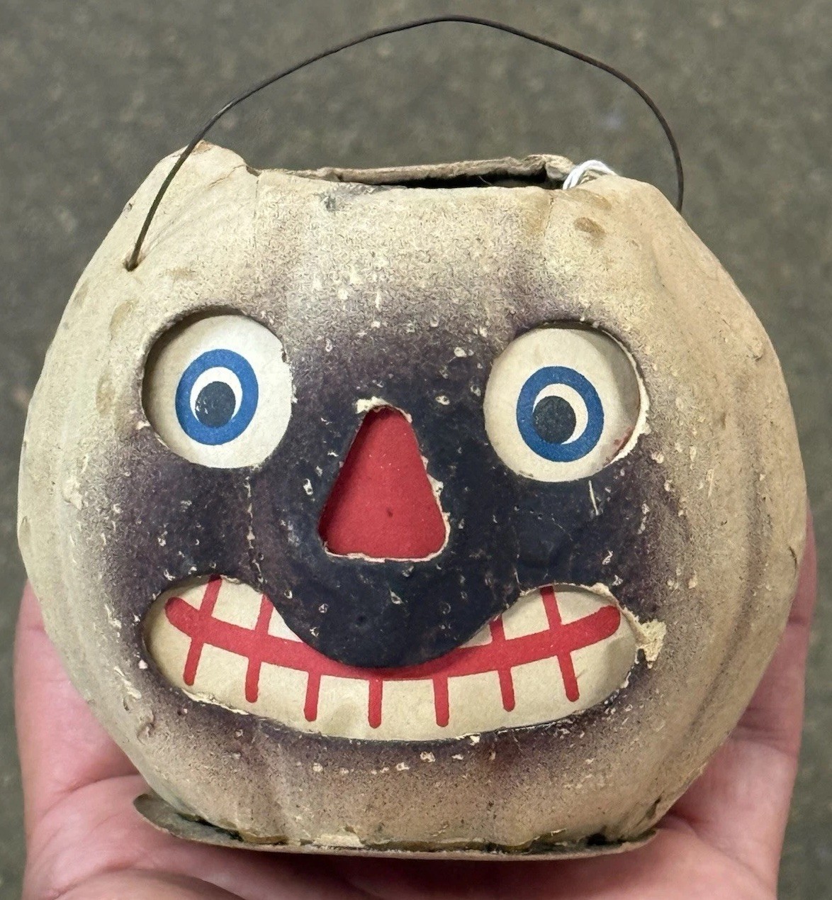 Original 3” German Pressed Paper Halloween White Pumpkin Ghost Lantern Rare JOL