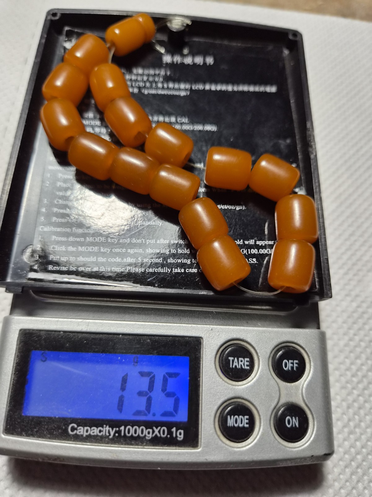 AMBER BAKELITE YELLOW-BROWN PRAYER BEADS 15+1 BARREL BEADS 13.5 GRAMS