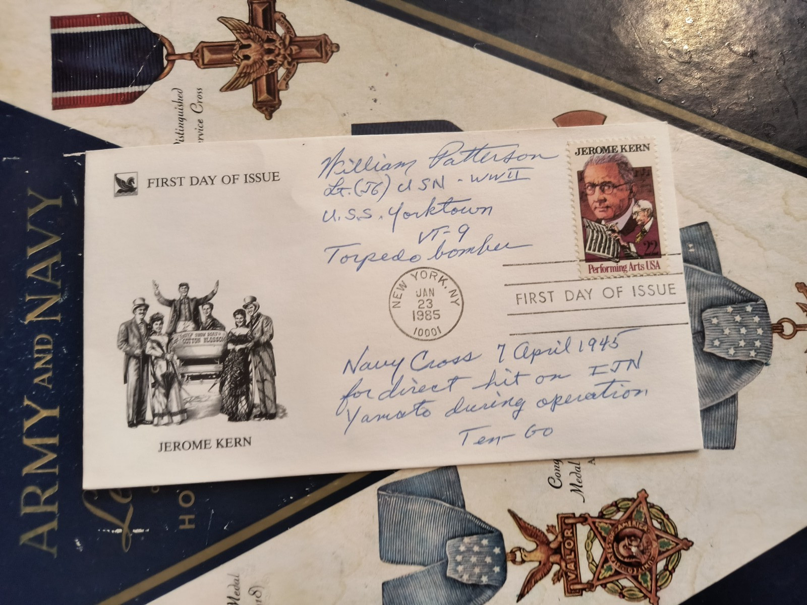 WWII SBD Pilot Lt (jg) WILLIAM W. PATTERSON VT-9 Scored hit on YAMATO Signed FDC
