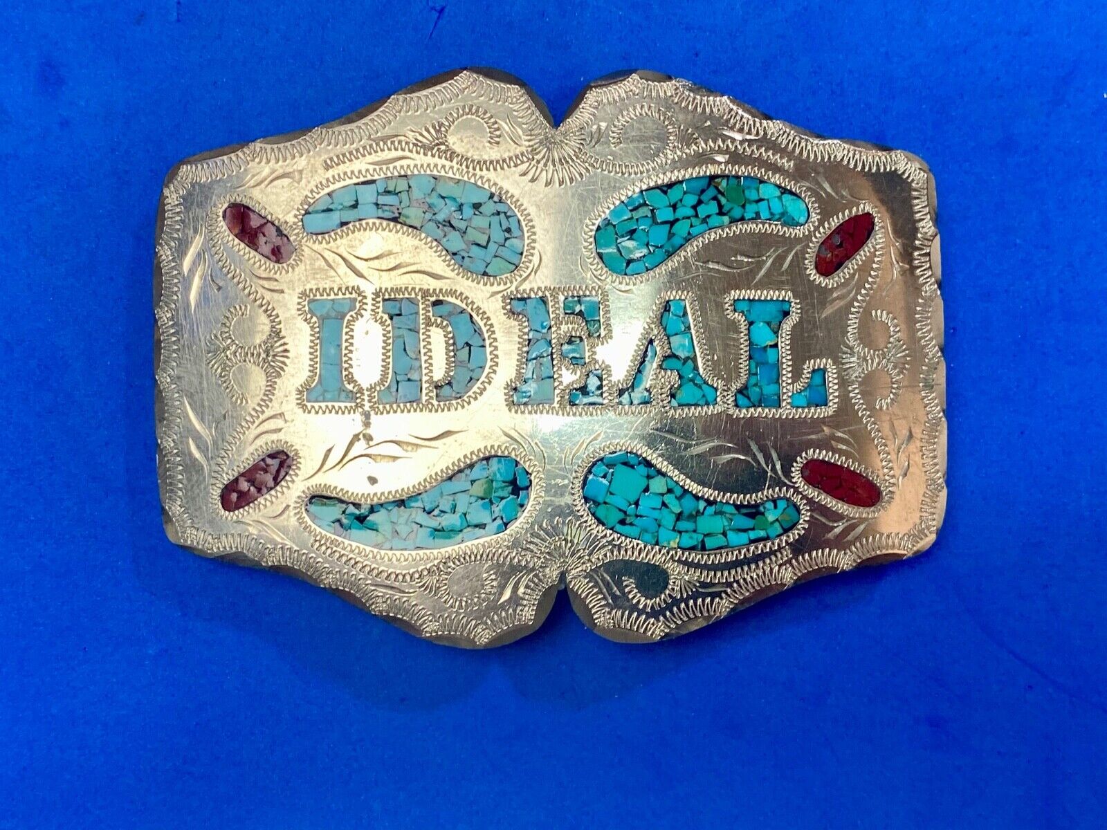 IDEAL  inlaid turquoise and coral large southwestern belt buckle signed Sanchez