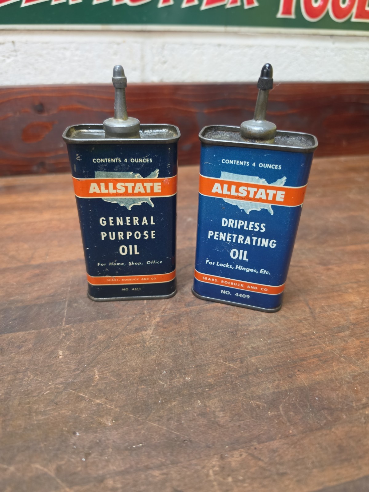 CR4- 2 Vintage 1950s ALLSTATE Oil Can 4oz lead top Handy Oilers