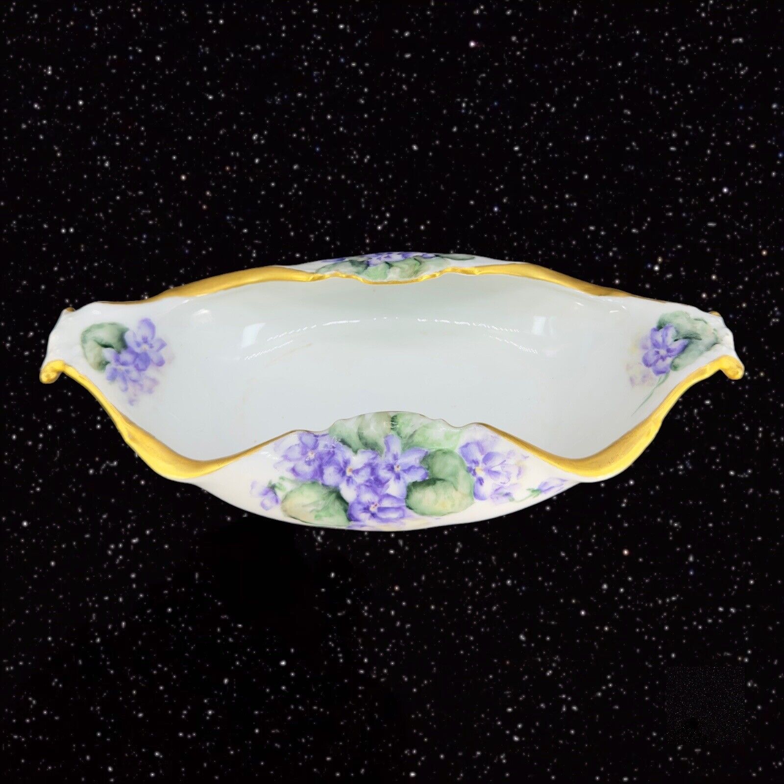 Vintage Limoges Fine Porcelain Folded Bowl Dish Signed Polk France Purple Flower