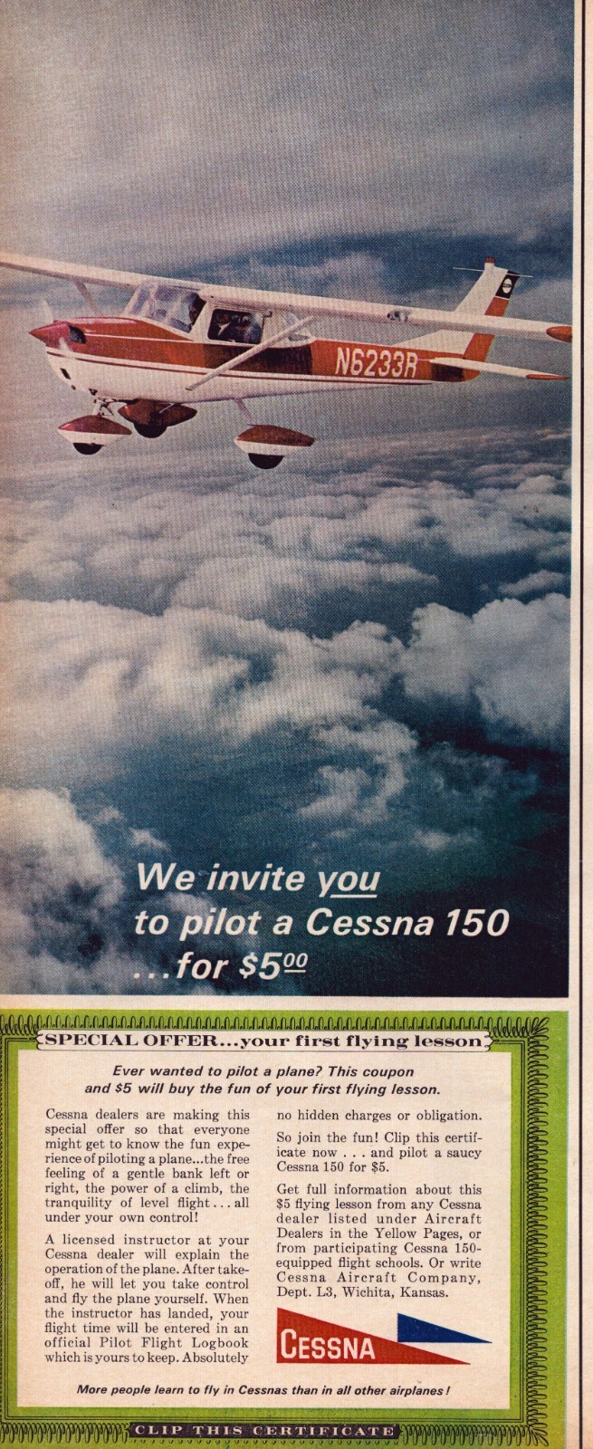 1966 Cessna 150 Aircraft Print Ad Flying Lessons Offer Private Airline