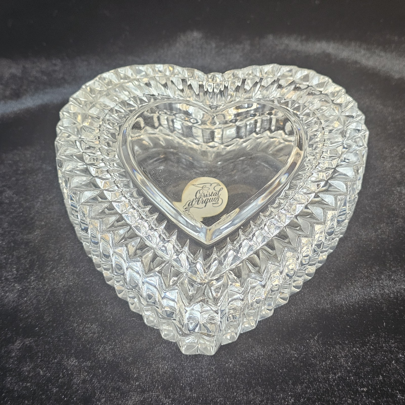 Cristal d\'Arques Heart Shaped Lead Crystal Jewelry Trinket Box Foil Label France