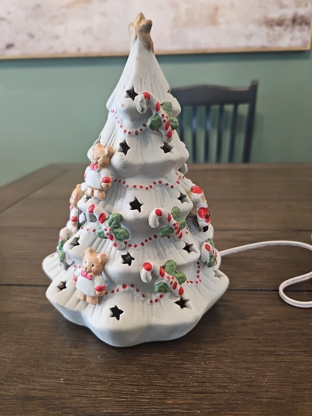 Vintage Ceramic Light Up White Christmas Tree  Candy Canes, Teddy Bears, Santa