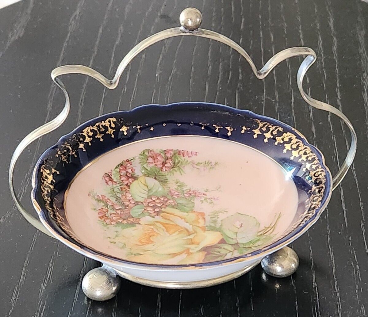 Vintage basket bowl Server Condiments handpainted Blue Pink  handled holder 