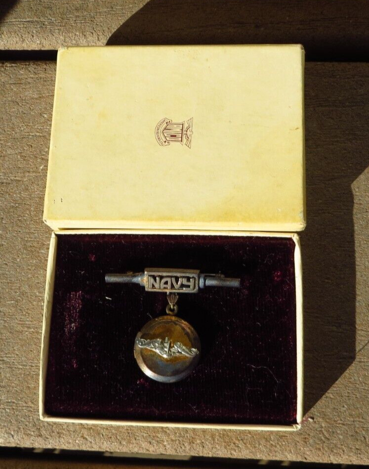 USN US Navy Sweetheart Locket Lapel Pin Brooch Amico w/ Box Submarine Dolphin