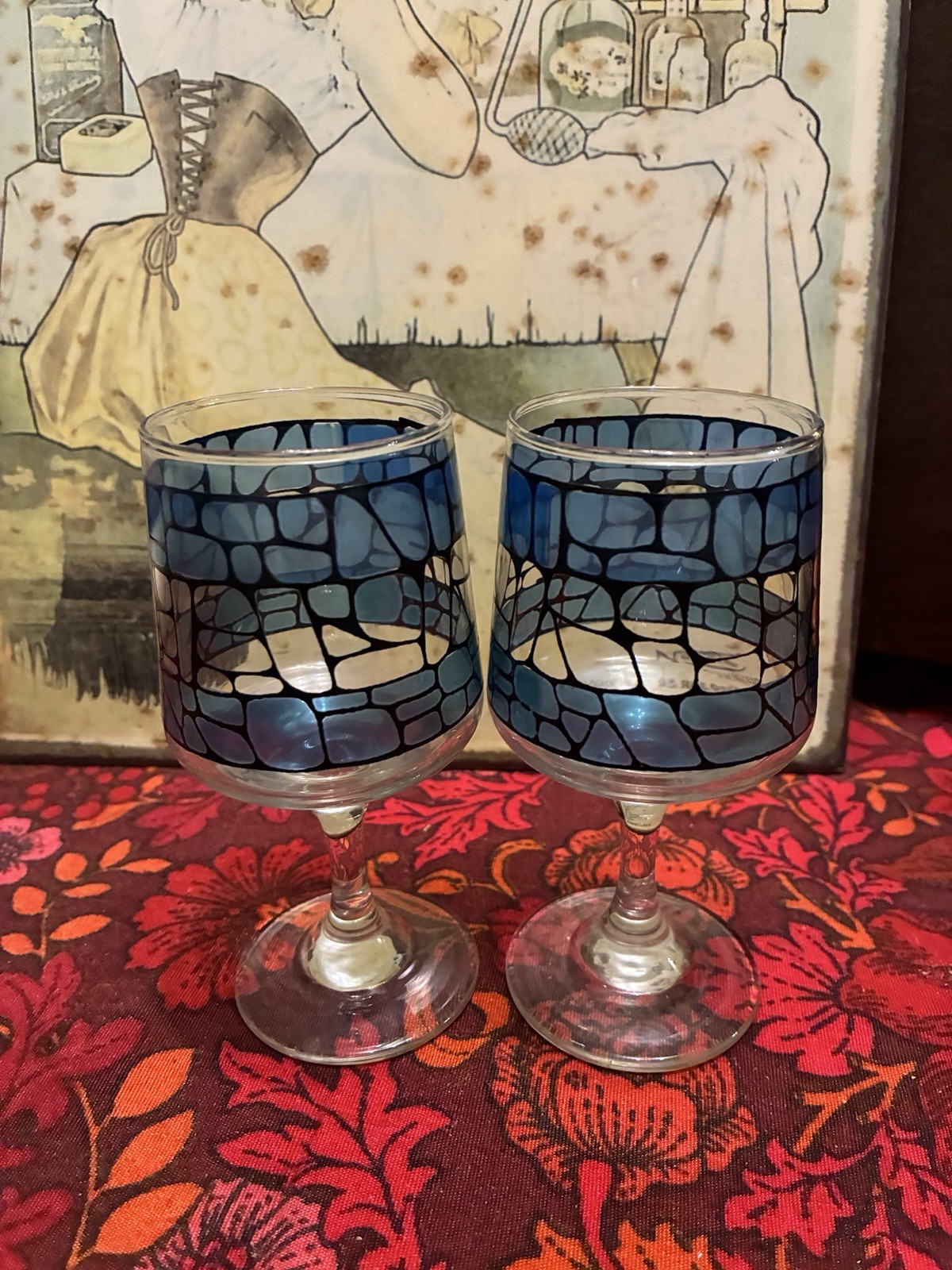 Pair of Vintage Dema Chesterfield Mosaic Liqueur Sherry Glasses Mid Cent Retro