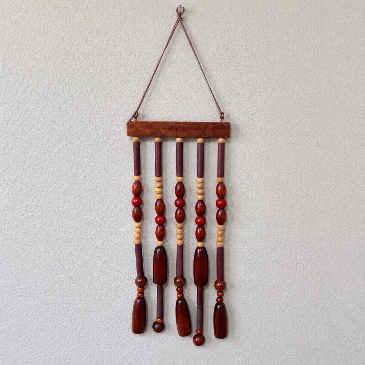 VTG Wood Beaded Wall Hanging Boho MCM Retro 5 Strand Brown Red Decor 14” RETRO