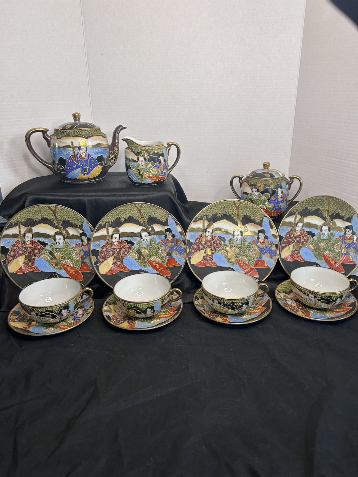 15 pc. Vintage Japanese Moriage Porcelain Teapot Set  Hand Painted Emperor Motif