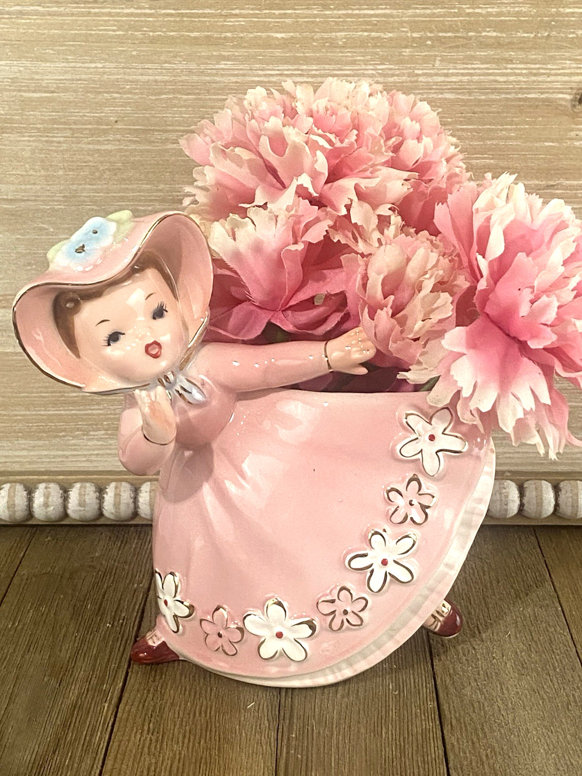 Vintage Napco 1960 C4821B Retro Pink Dress Flowers Girl Dancing Planter Figurine