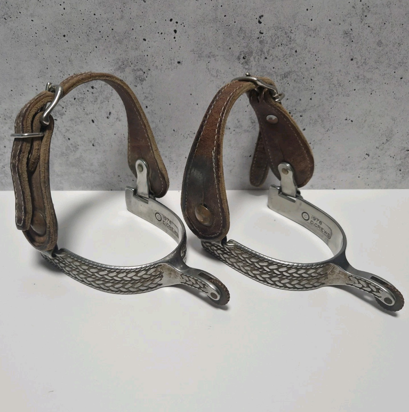 Vintage 1978 D. Crews Western Spurs Cowboy Horse Tack Leather Straps Pair