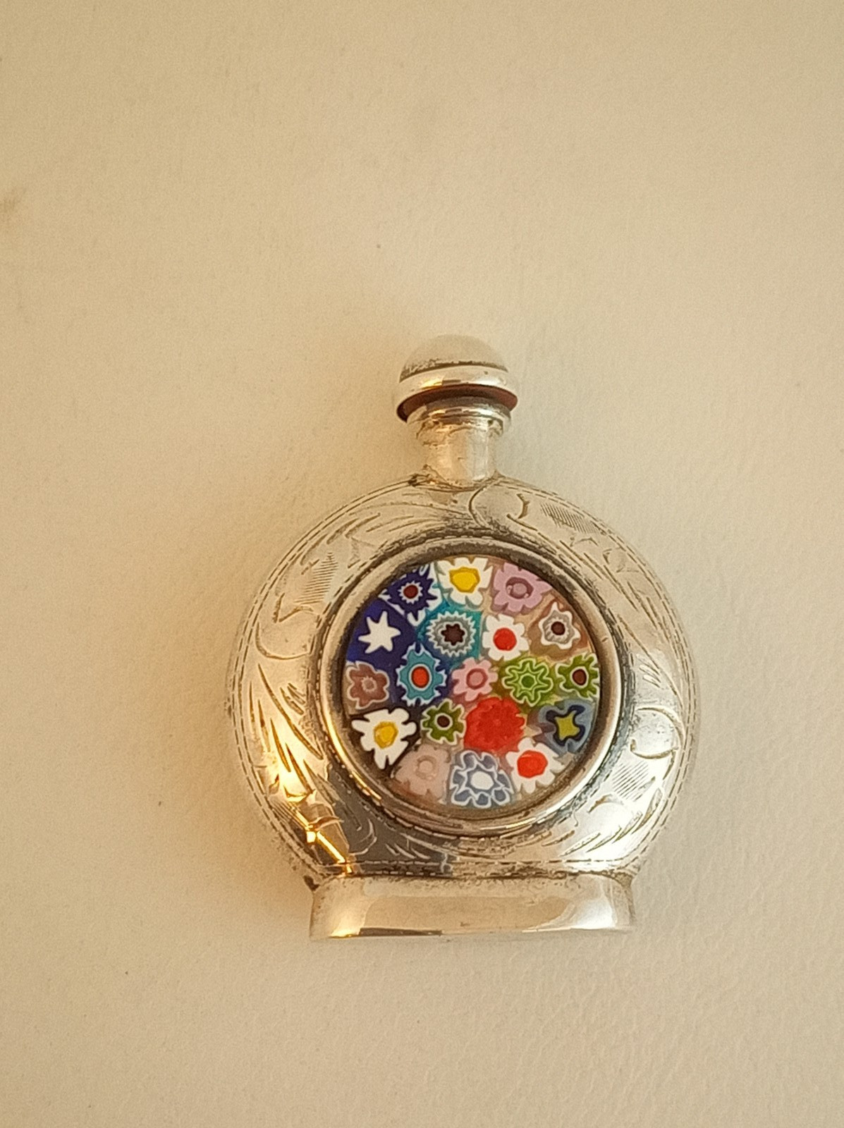Vintage 60s millefiori glass & stelring silver perfume bottle signed 1 7/8\