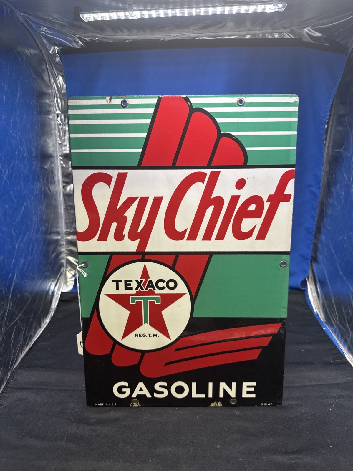 Vintage Skychief Texaco Pump Plate Dated 3-10-47  18x12
