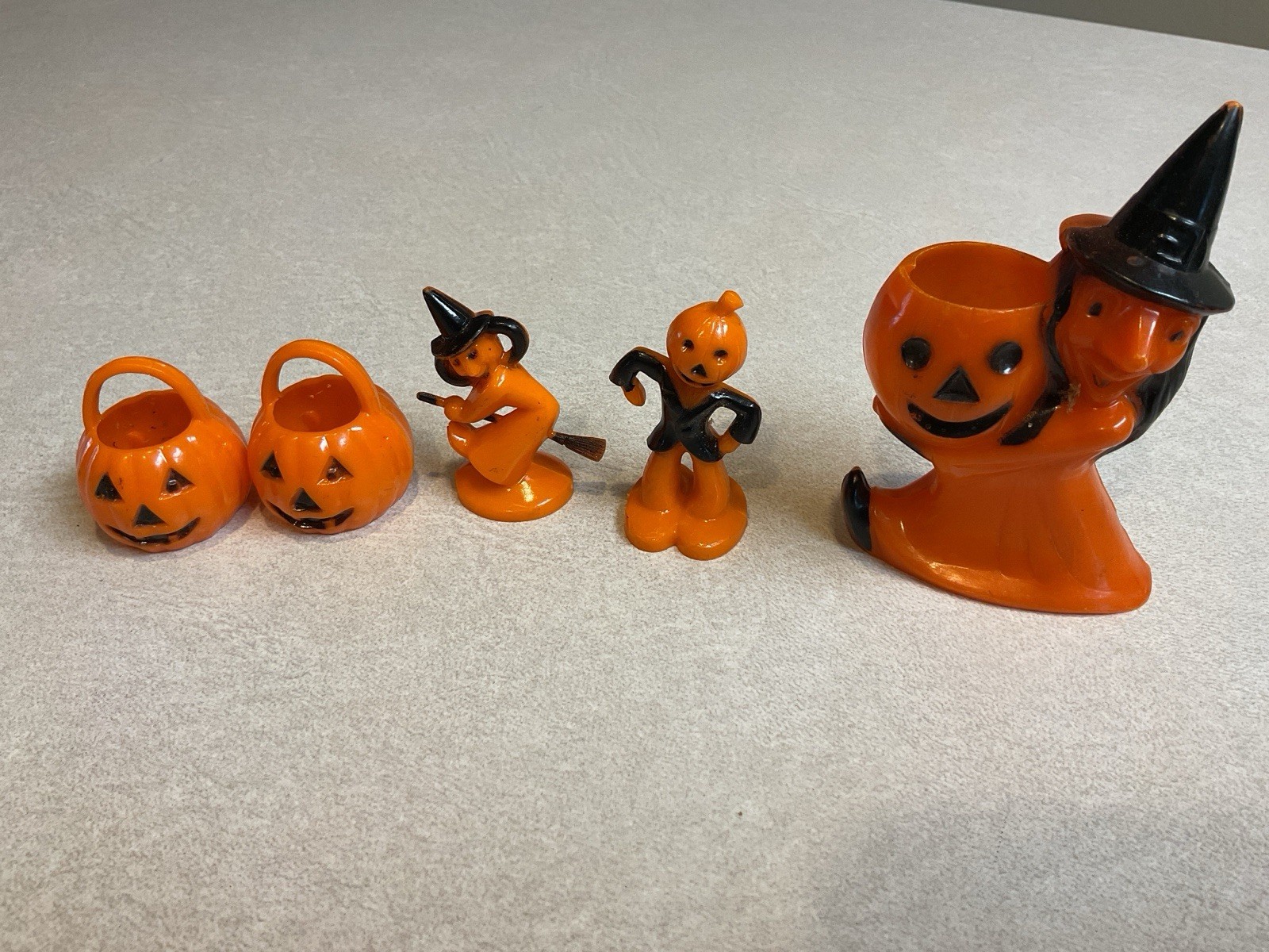 Vintage 1950s Rosbro Hard Plastic Halloween Lot Witch Pumpkin Candy Containers