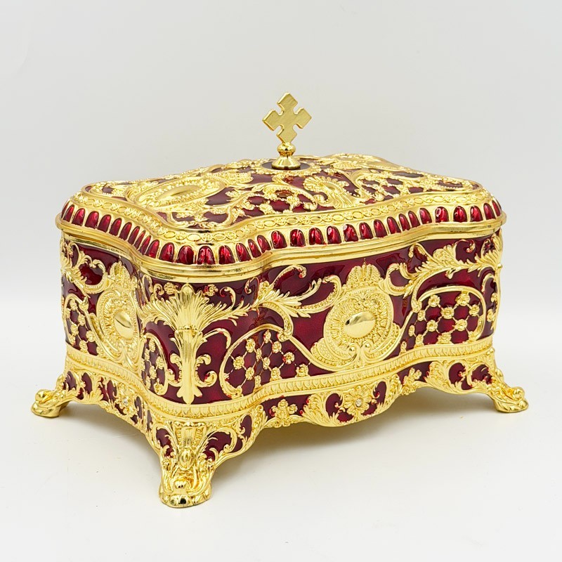 Orthodox Reliquary Box, Gold Tone Relic Casket with Red Enamel and Velvet
