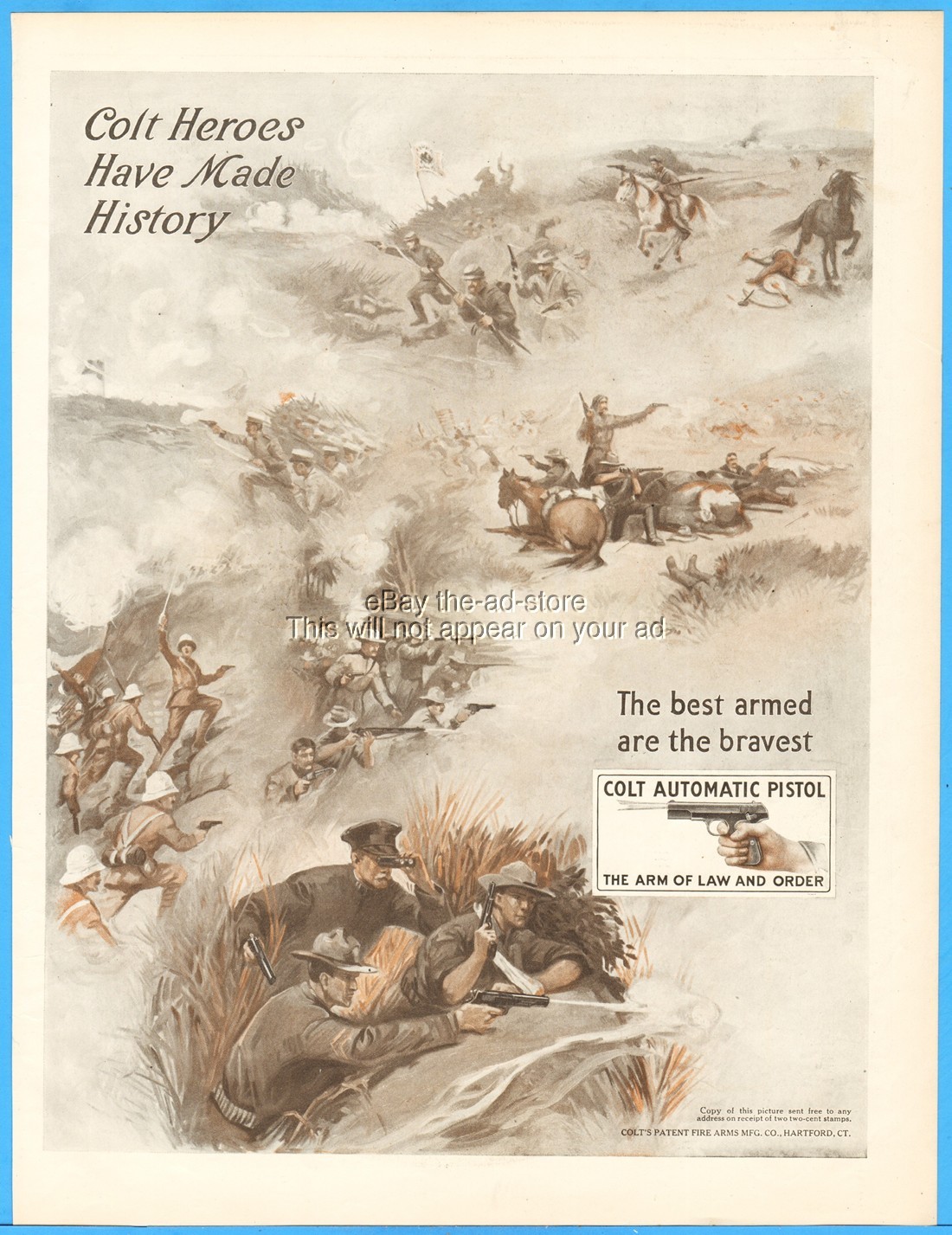 1913 Colt Automatic Pistol Ad Indian Wars Civil War Spanish American War US Army