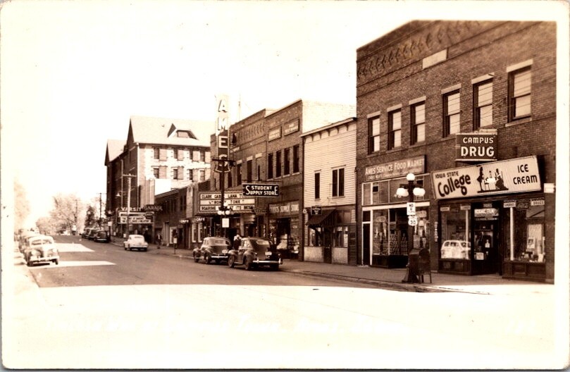 Vintage RPPC Postcard Lincoln Way at Campus Town Ames Iowa IA Theater       Y775