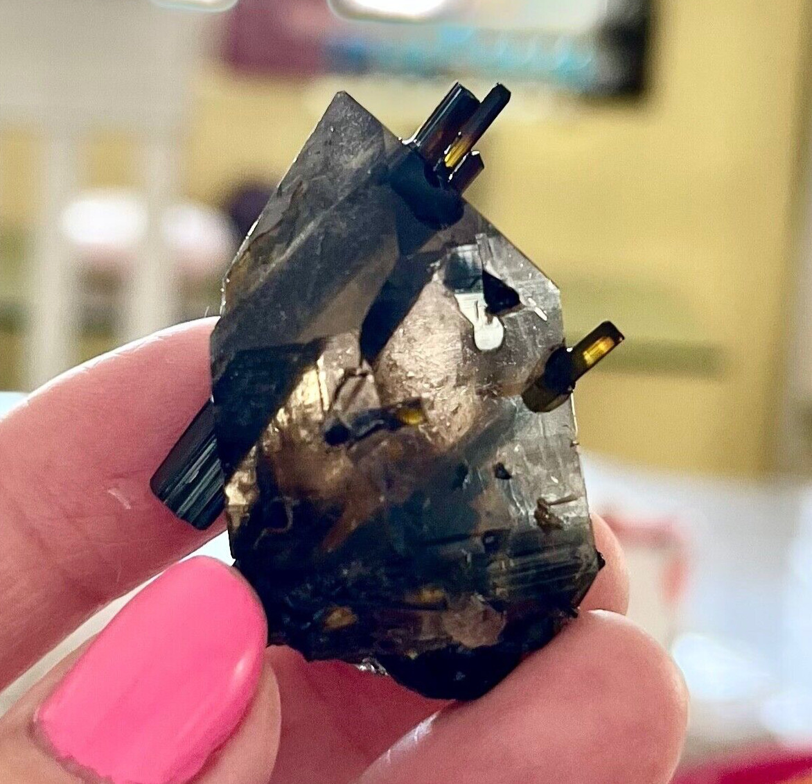 STUNNING AAAAA BRAZIL BLACK & GREEN TOURMALINE IN SMOKEY QUARTZ CRYSTAL SPECIMEN