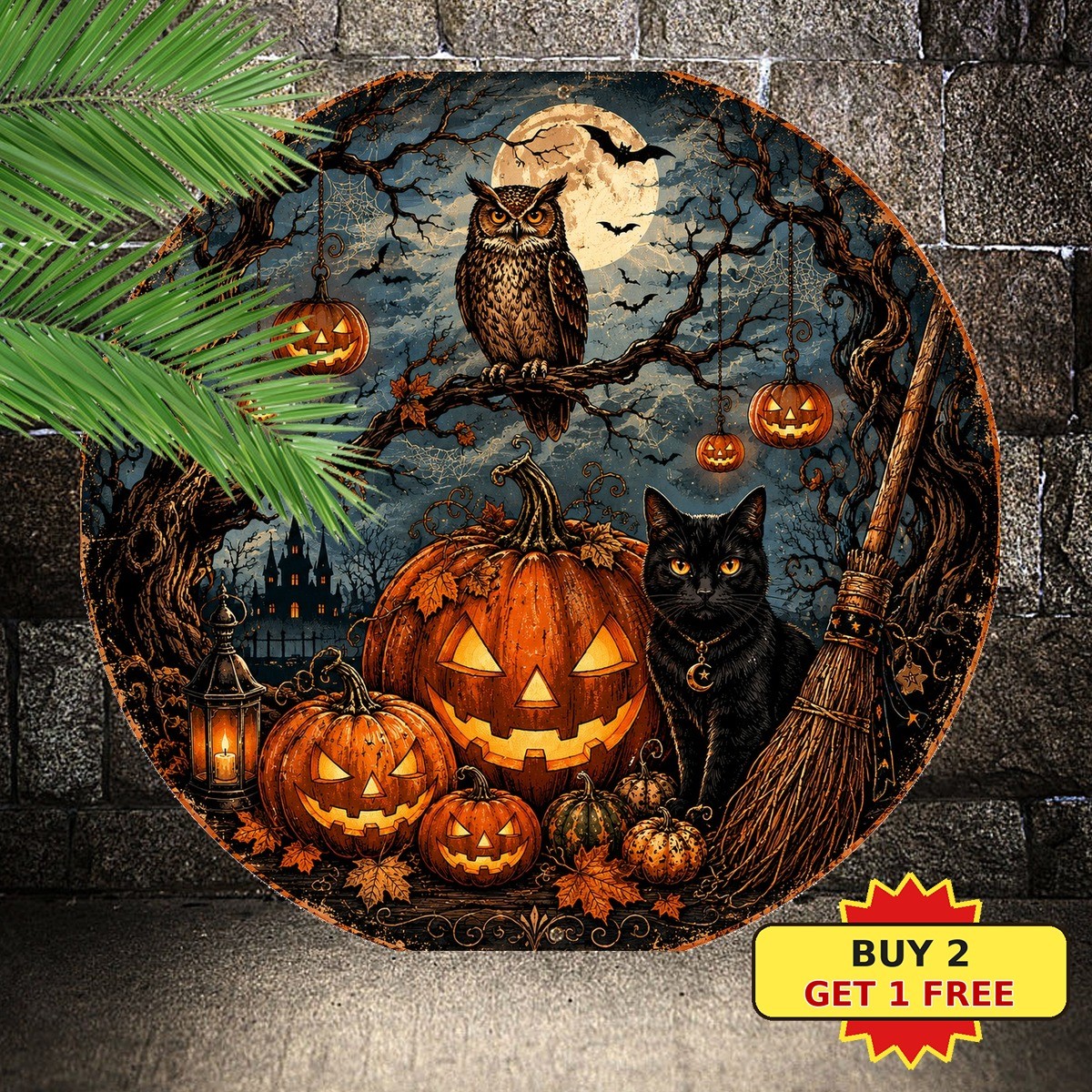 Vintage Pumpkin Owl Sign Autumn Halloween Theme Round Metal Wall Decor 8x8