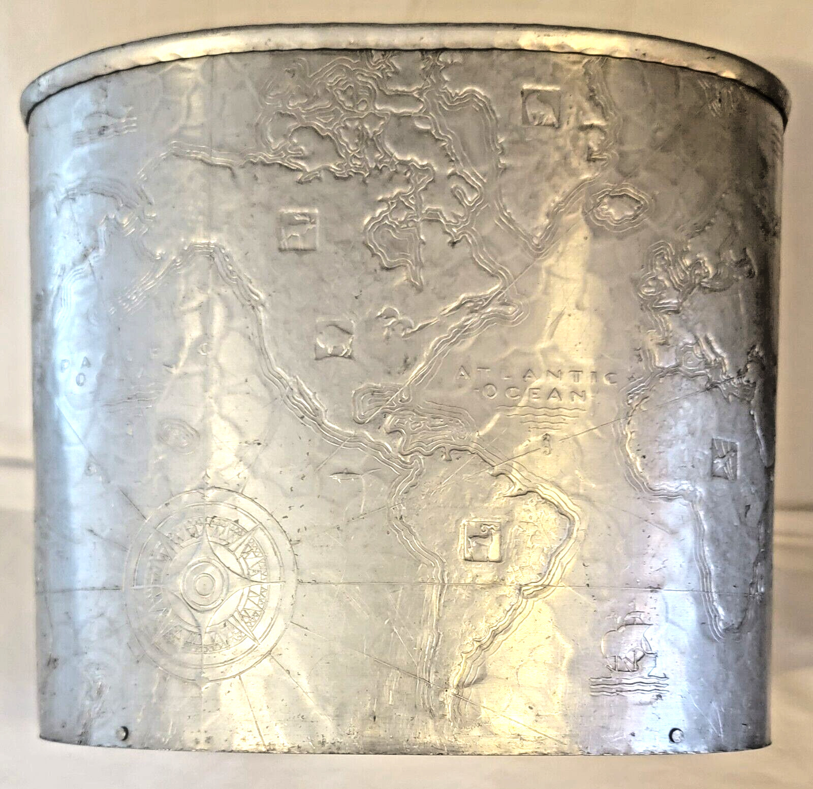 Arthur Armour Art Deco Silver Aluminum Map World Wastebasket MCM Vtg Retro