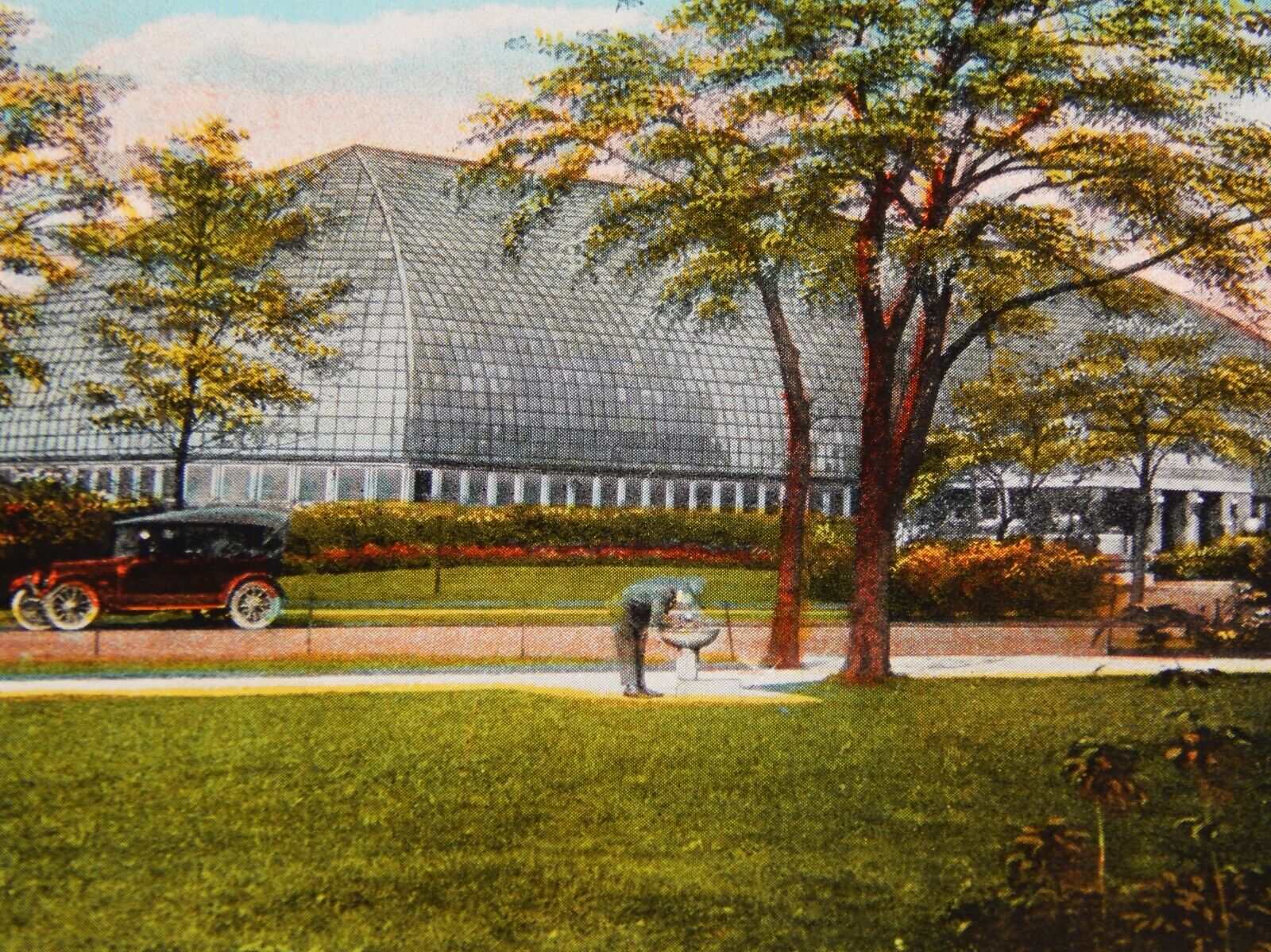 Vintage Postcard, CHICAGO, IL, View Of Old Car & Conservatory In Garfield Park