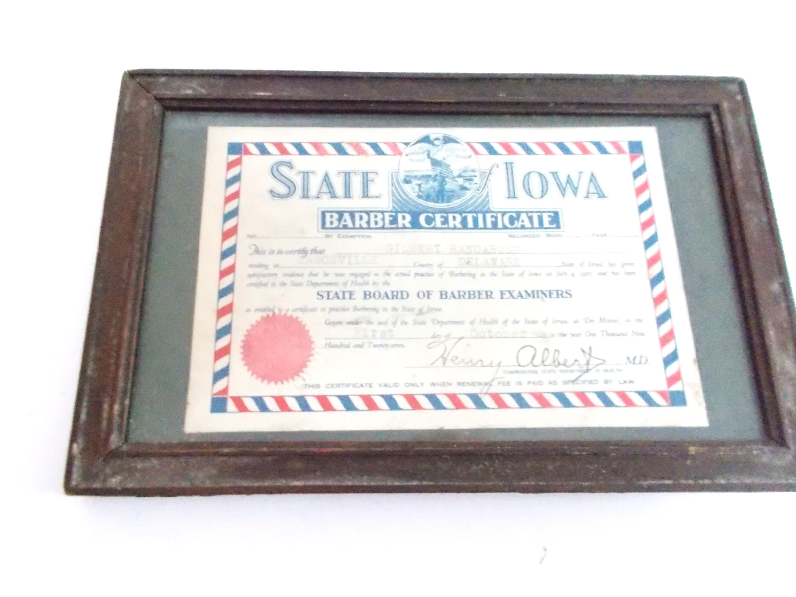 ORIGINAL 1927 State of Iowa Barber Certificate   WOOD  Framed